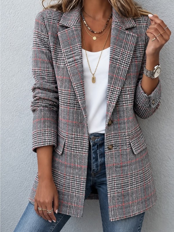 Women's Plaid Blazer Jacket Long Sleeve Notched Lapel Button Front Casual Office Outerwear