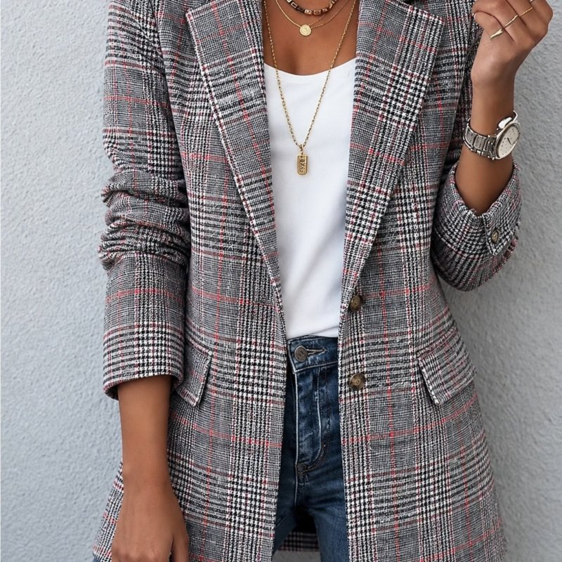 Women's Plaid Blazer Jacket Long Sleeve Notched Lapel Button Front Casual Office Outerwear