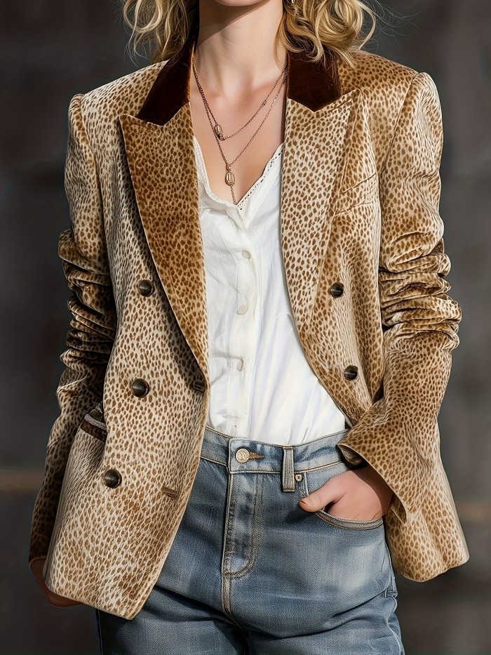 Leopard Print Velvet Lapel Double-Breasted Loose Casual Blazer
