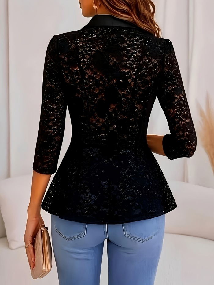 Solid Lace Patchwork Three-Quarter Sleeve Ruffle Hem Women's Blazer