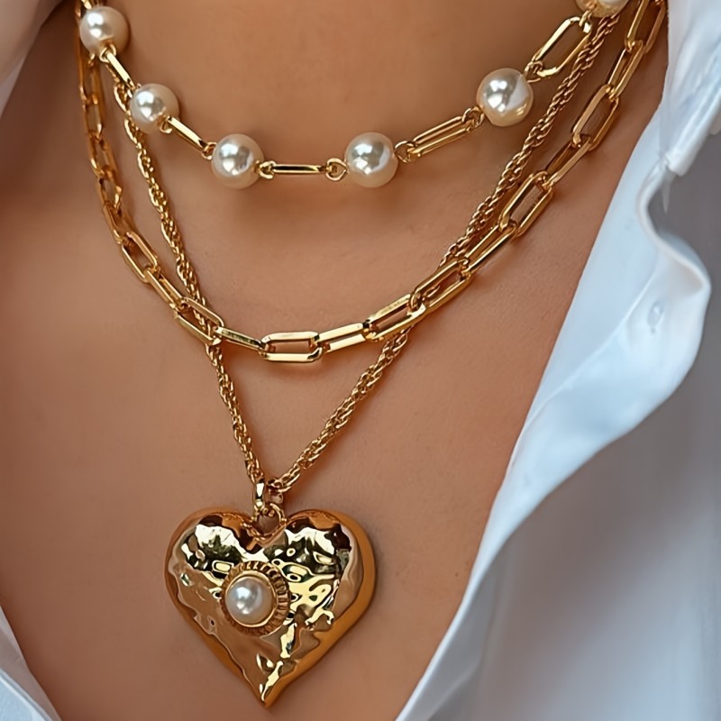 2pcs Fashion Necklaces - Elegant Women's Love Pendant - Imitation Pearl Beaded Multi-Layer Necklace - Party Banquet Jewelry Accessories