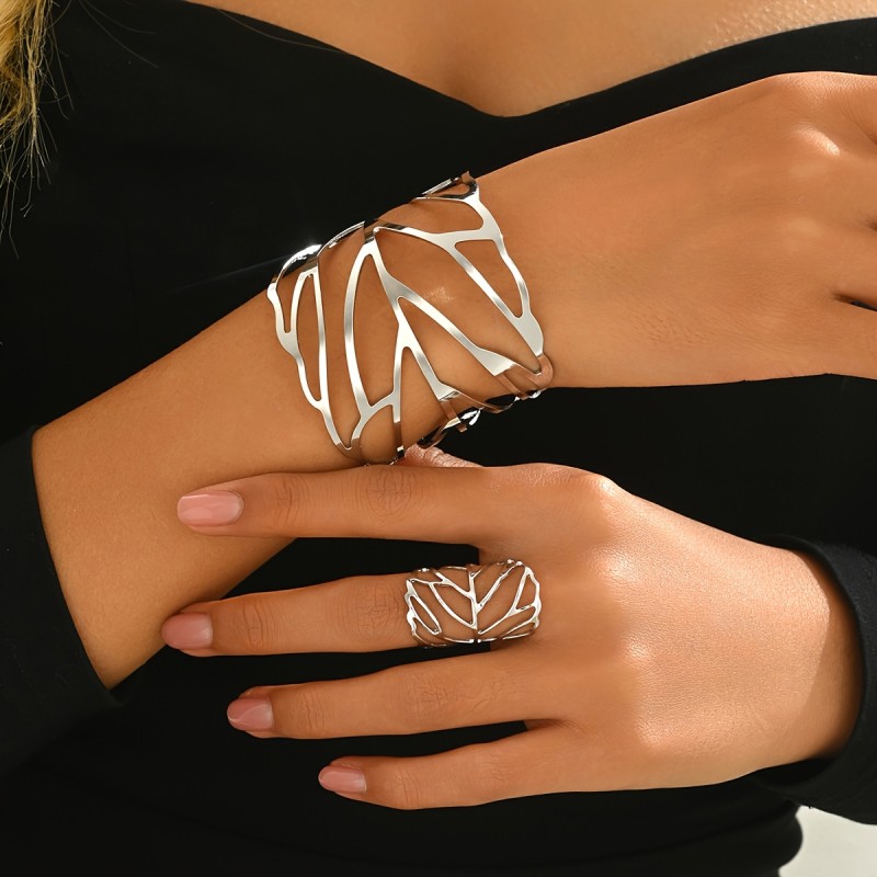 Stylish and Elegant - Retro Hollow Leaf Design - Open Bangle Ring Set - 2pcs