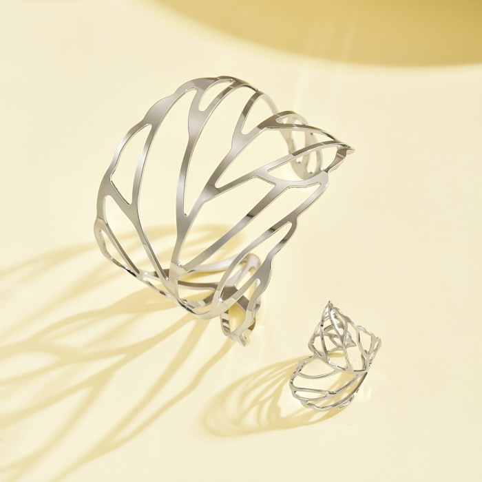 Stylish and Elegant - Retro Hollow Leaf Design - Open Bangle Ring Set - 2pcs