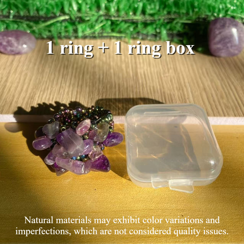 Natural Amethyst Ring And Box Set, Featuring a Bohemian Style with a Beaded Elastic Ring Design, Perfect for Wedding Party Additions, a Gift to Express Love And Emotions