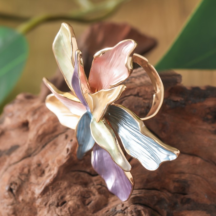 1pc Women'S Fashion Statement Ring, Creative Fashion Luxury Hand-Painted Dripping Oil Multicolor Floral Ring, Suitable for Daily All-Match Gift Party Dating Jewelry