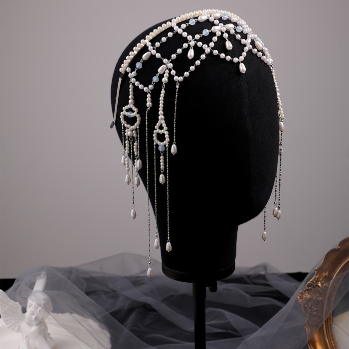 1pc Fashionable Headband Hair Accessory, Handmade Mesh  Tassel Pendant Forehead Chain, Hair-Down Gown Accessory