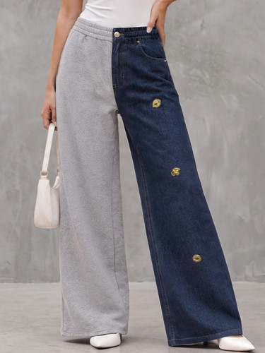 High Waisted Wide Leg Buttoned Contrast Color Elasticity Pockets Split-Joint Zipper Pants Trousers
