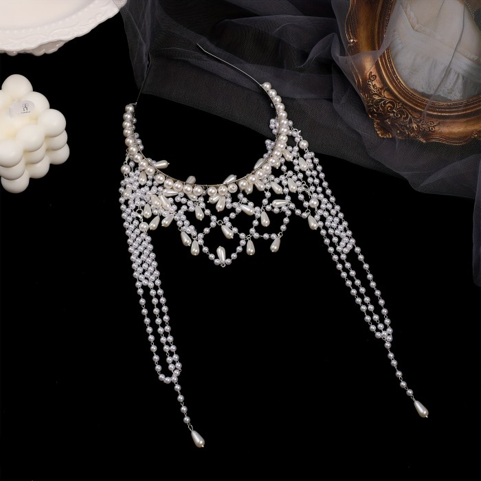 1pc Fashionable Headband Hair Accessory, Handmade Mesh  Tassel Pendant Forehead Chain, Hair-Down Gown Accessory