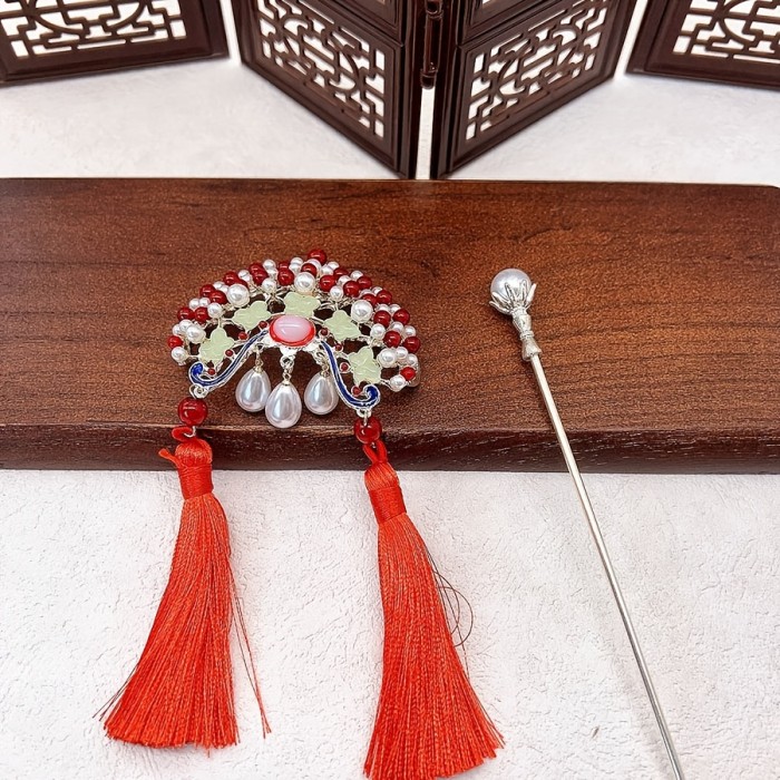 National Charm Red Face Mask Hairpin, High-End New Chinese Style Tassel Imperial Court Flower Lady Peking Opera Hairpin for Updo Hairstyles