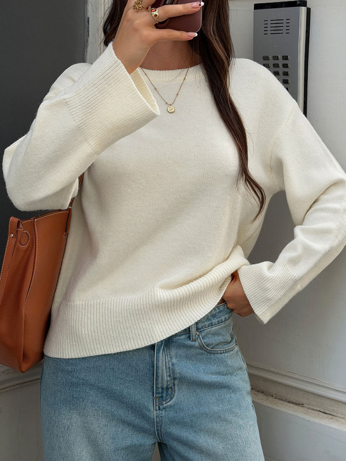 Long Sleeves Loose Solid Color Round-neck Sweater Tops