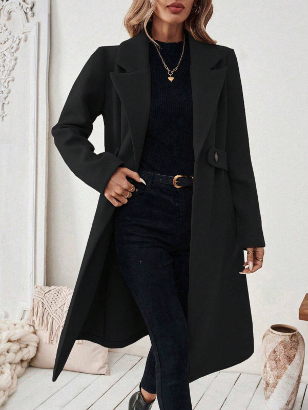 Long Sleeves Loose Buttoned Pockets Solid Color Notched Collar Woolen Coat