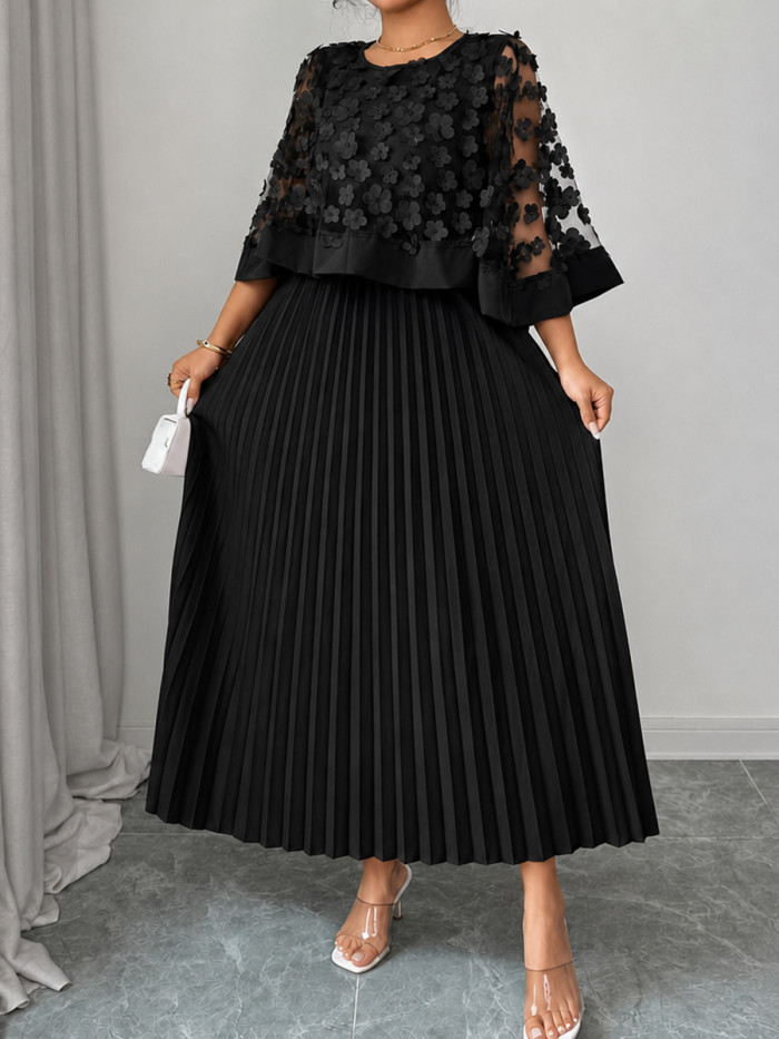 Cap Sleeve High Waisted Pleated Solid Color Split-Joint Round-neck Maxi Dresses