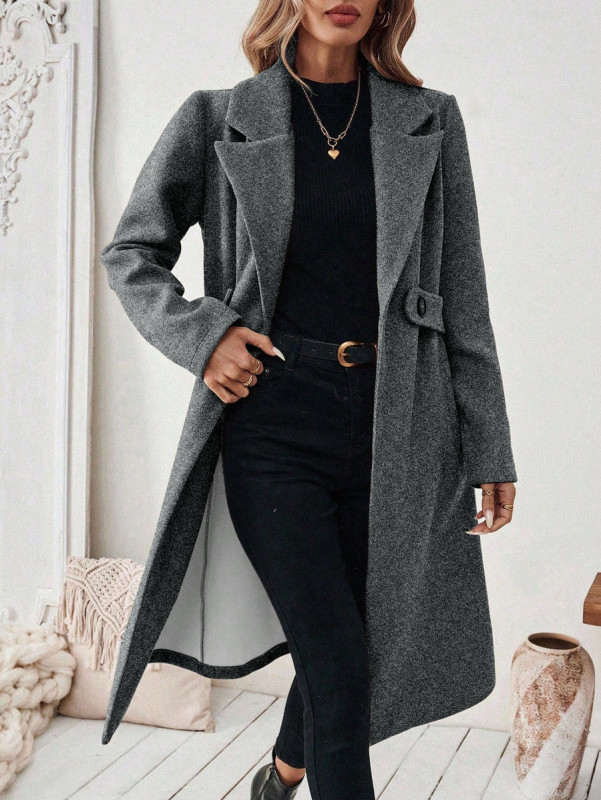 Long Sleeves Loose Buttoned Pockets Solid Color Notched Collar Woolen Coat