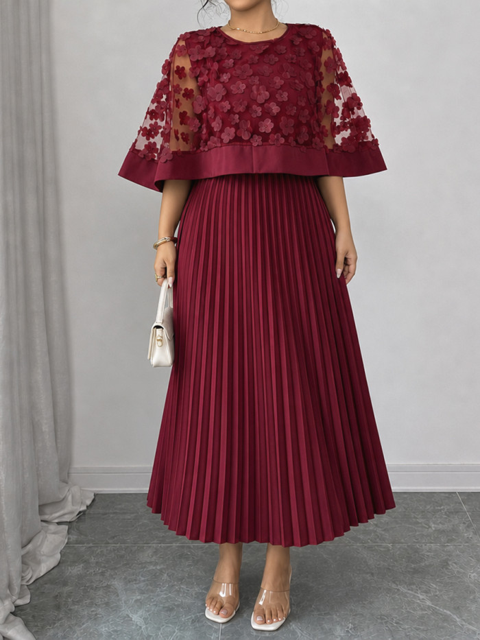 Cap Sleeve High Waisted Pleated Solid Color Split-Joint Round-neck Maxi Dresses