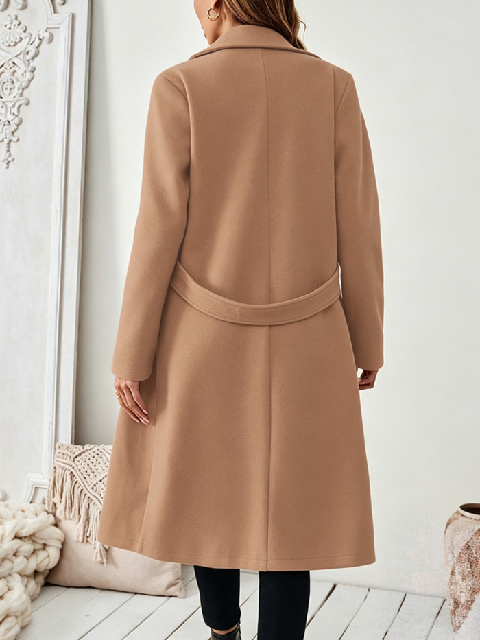 Long Sleeves Loose Buttoned Pockets Solid Color Notched Collar Woolen Coat