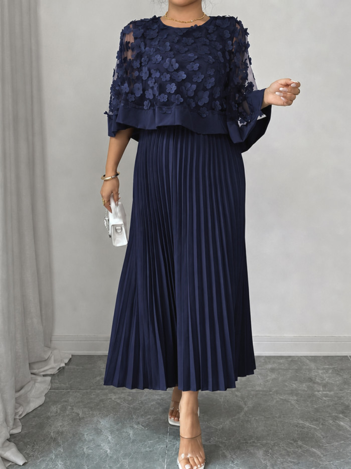 Cap Sleeve High Waisted Pleated Solid Color Split-Joint Round-neck Maxi Dresses
