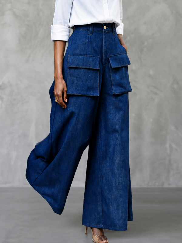High Waisted Wide Leg Buttoned Pockets Solid Color Zipper Pants Trousers