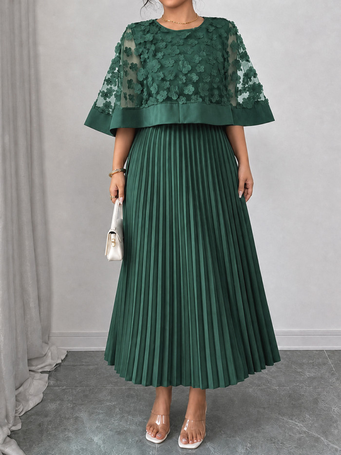 Cap Sleeve High Waisted Pleated Solid Color Split-Joint Round-neck Maxi Dresses