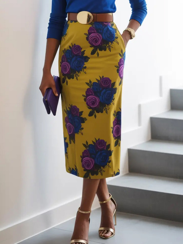 High Waisted Belted Flower Print Pockets Zipper Skirts