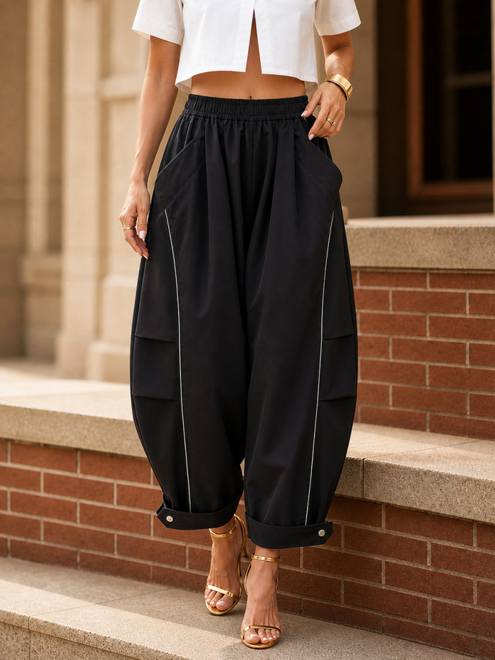 Loose Wide Leg Buttoned Contrast Color Elasticity Pockets Cropped Trousers Pants