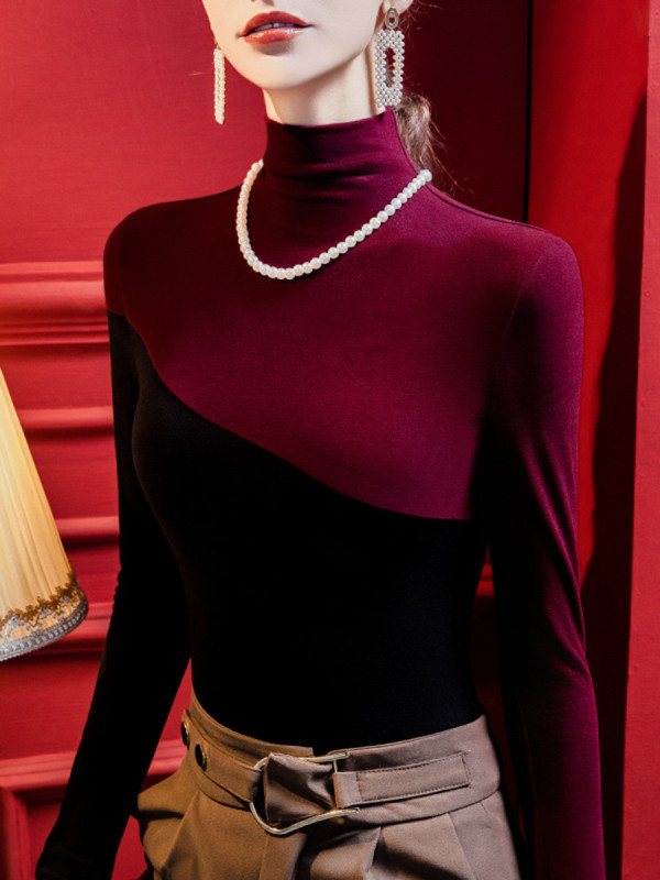 Long Sleeves Plus Size Contrast Color Split-Joint High-neck T-Shirts Tops