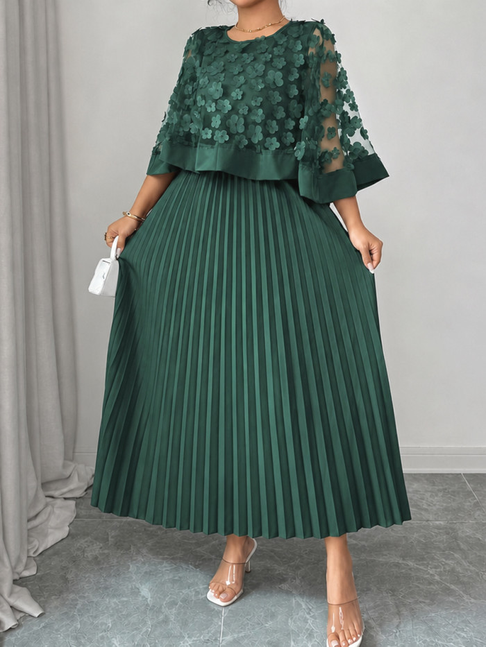 Cap Sleeve High Waisted Pleated Solid Color Split-Joint Round-neck Maxi Dresses