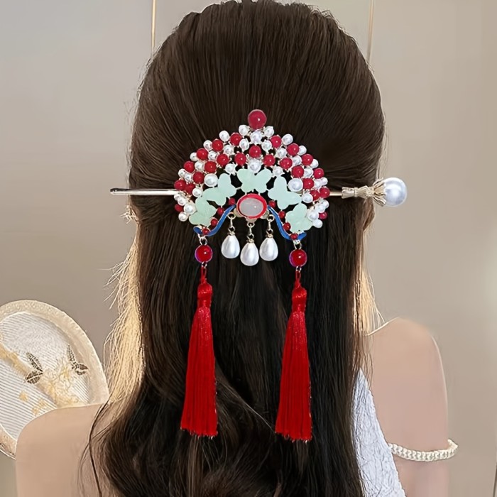National Charm Red Face Mask Hairpin, High-End New Chinese Style Tassel Imperial Court Flower Lady Peking Opera Hairpin for Updo Hairstyles