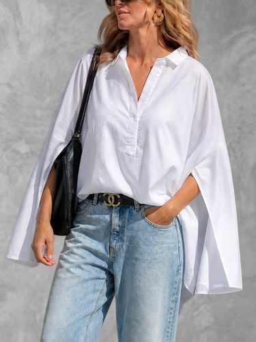 High-low Long Sleeves Buttoned Solid Color Split-side Lapel Blouses&shirts Tops