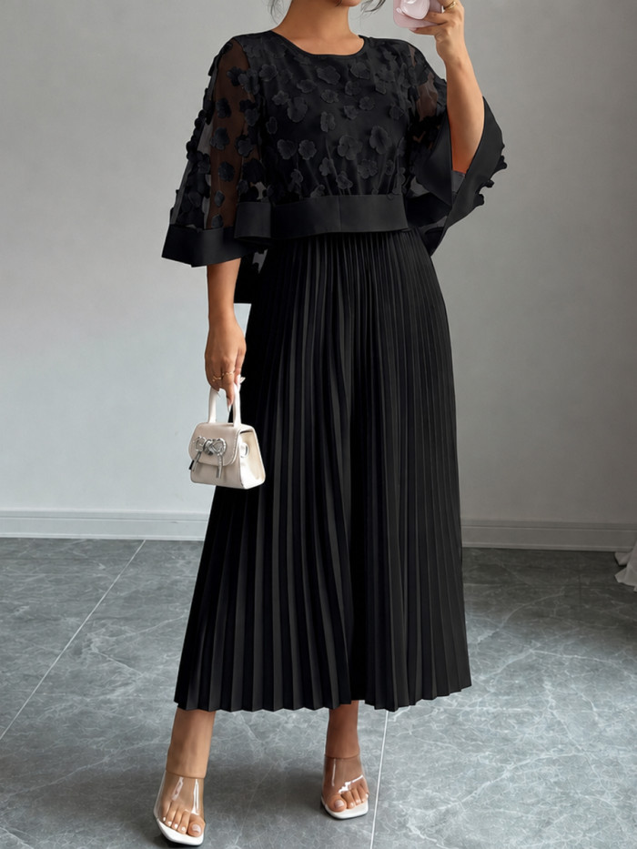 Cap Sleeve High Waisted Pleated Solid Color Split-Joint Round-neck Maxi Dresses