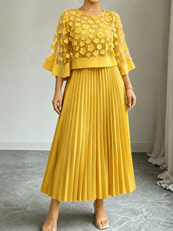 Cap Sleeve High Waisted Pleated Solid Color Split-Joint Round-neck Maxi Dresses