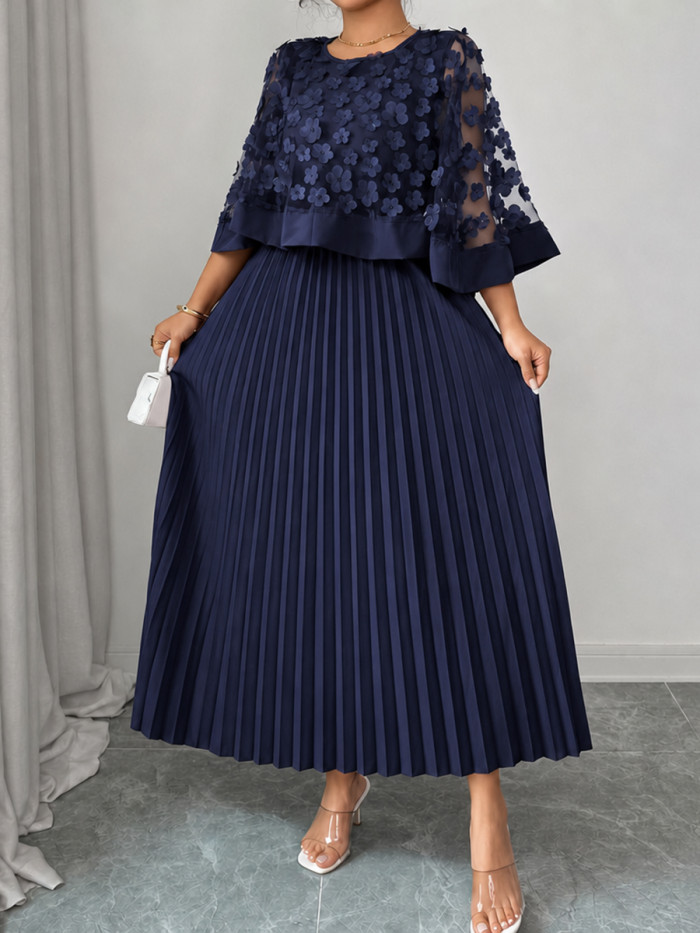 Cap Sleeve High Waisted Pleated Solid Color Split-Joint Round-neck Maxi Dresses