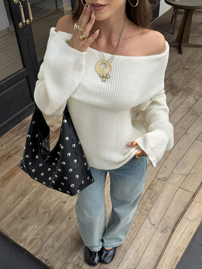 Long Sleeves Loose Solid Color Off-the-shoulder Blouses&shirts Tops
