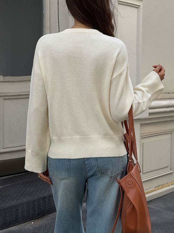 Long Sleeves Loose Solid Color Round-neck Sweater Tops