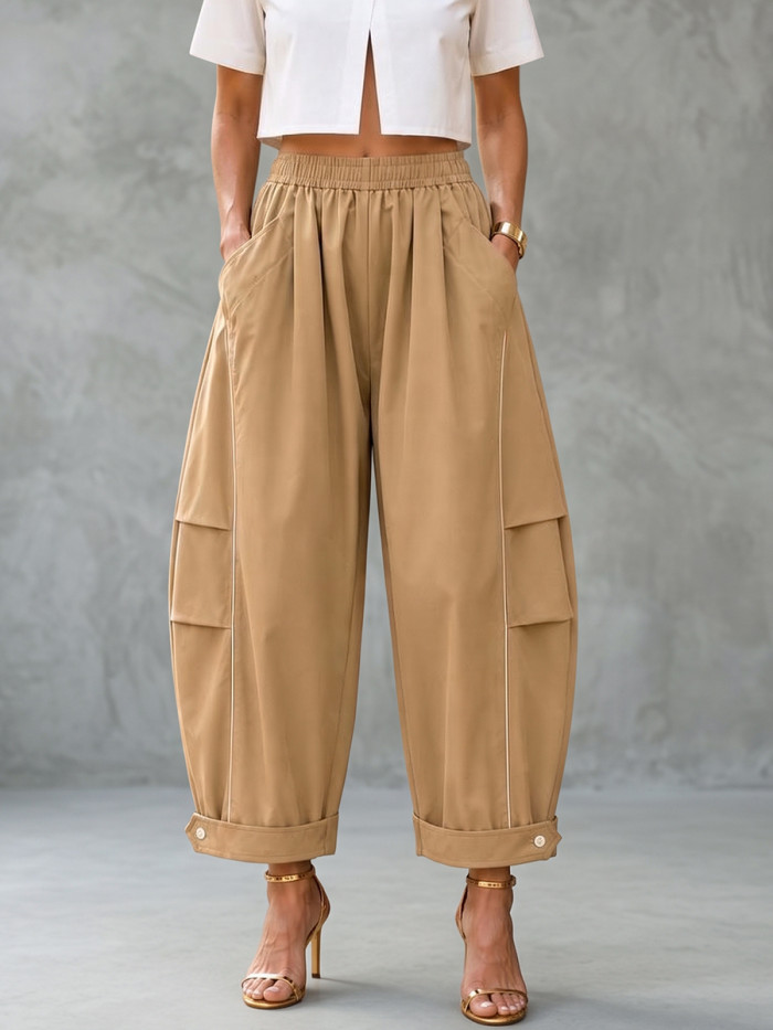 Loose Wide Leg Buttoned Contrast Color Elasticity Pockets Cropped Trousers Pants