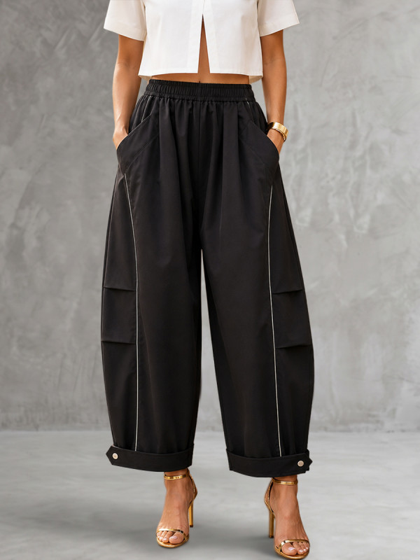 Loose Wide Leg Buttoned Contrast Color Elasticity Pockets Cropped Trousers Pants