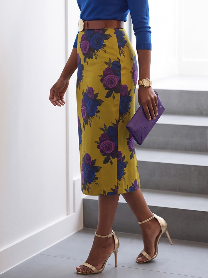 High Waisted Belted Flower Print Pockets Zipper Skirts