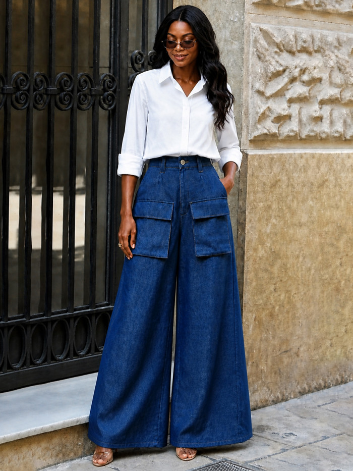 High Waisted Wide Leg Buttoned Pockets Solid Color Zipper Pants Trousers