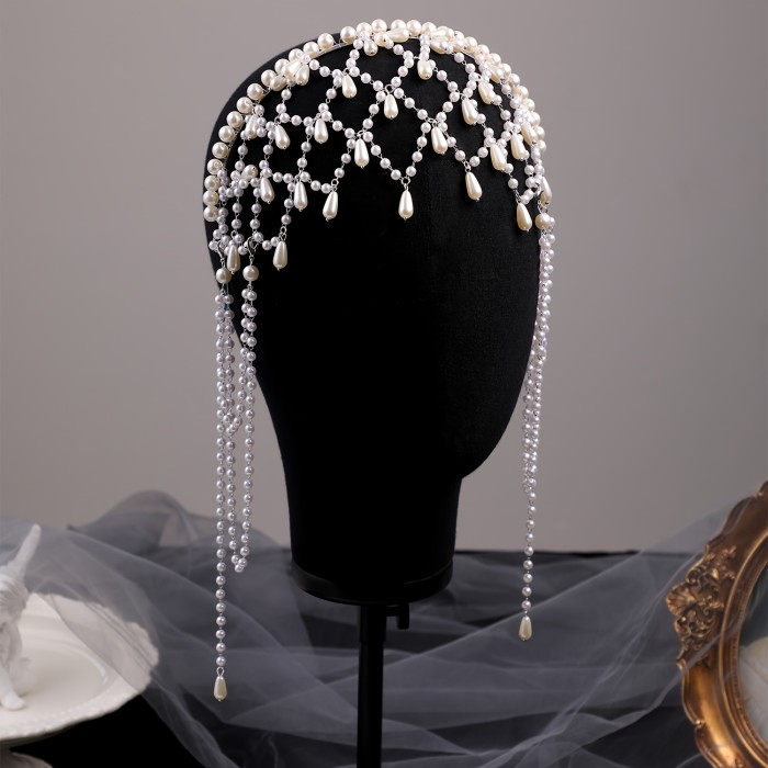 1pc Fashionable Headband Hair Accessory, Handmade Mesh  Tassel Pendant Forehead Chain, Hair-Down Gown Accessory