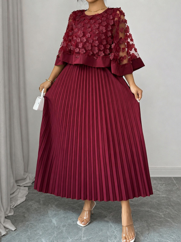 Cap Sleeve High Waisted Pleated Solid Color Split-Joint Round-neck Maxi Dresses