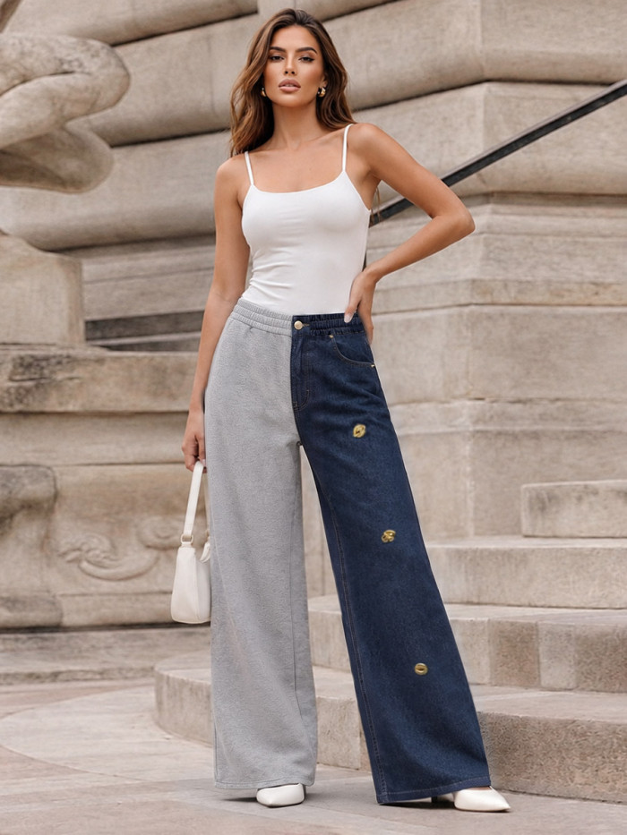 High Waisted Wide Leg Buttoned Contrast Color Elasticity Pockets Split-Joint Zipper Pants Trousers