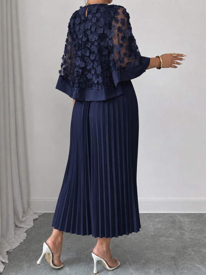 Cap Sleeve High Waisted Pleated Solid Color Split-Joint Round-neck Maxi Dresses