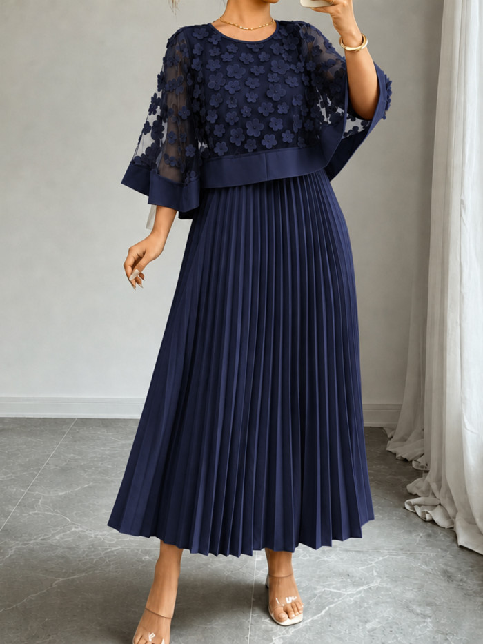 Cap Sleeve High Waisted Pleated Solid Color Split-Joint Round-neck Maxi Dresses