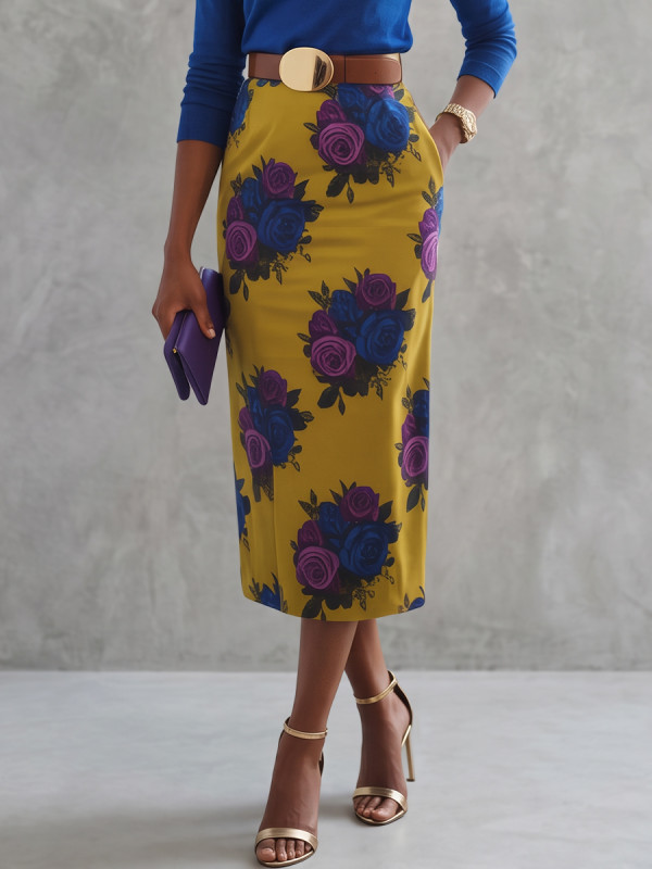 High Waisted Belted Flower Print Pockets Zipper Skirts