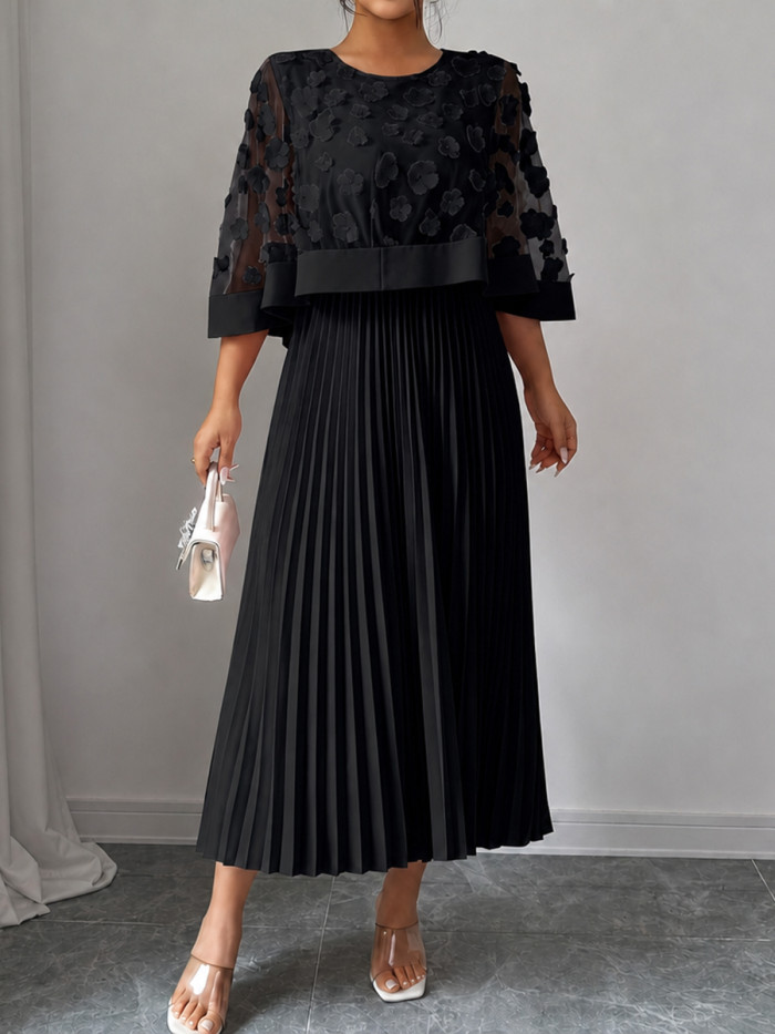 Cap Sleeve High Waisted Pleated Solid Color Split-Joint Round-neck Maxi Dresses