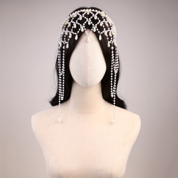 1pc Fashionable Headband Hair Accessory, Handmade Mesh  Tassel Pendant Forehead Chain, Hair-Down Gown Accessory