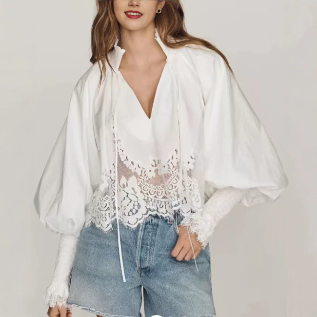 New Women White Long Sleeve Shirt | Romantic Lace Embroidery Blouse for Beach Vacation