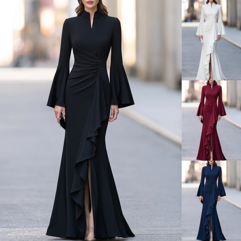 Elegant High Waist Ruffled Abaya Evening Gown | Flared Sleeve Long Dress for Women Formal Occasions