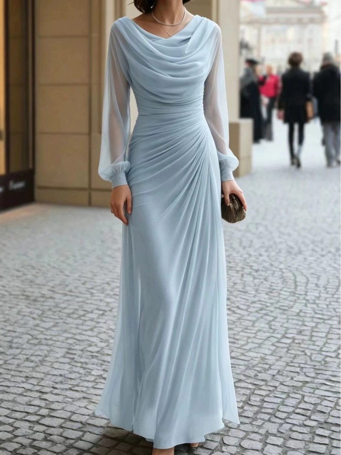 Cowl Neck Chiffon Maxi Gown | Sheer Puff Sleeve Wedding Guest Dress
