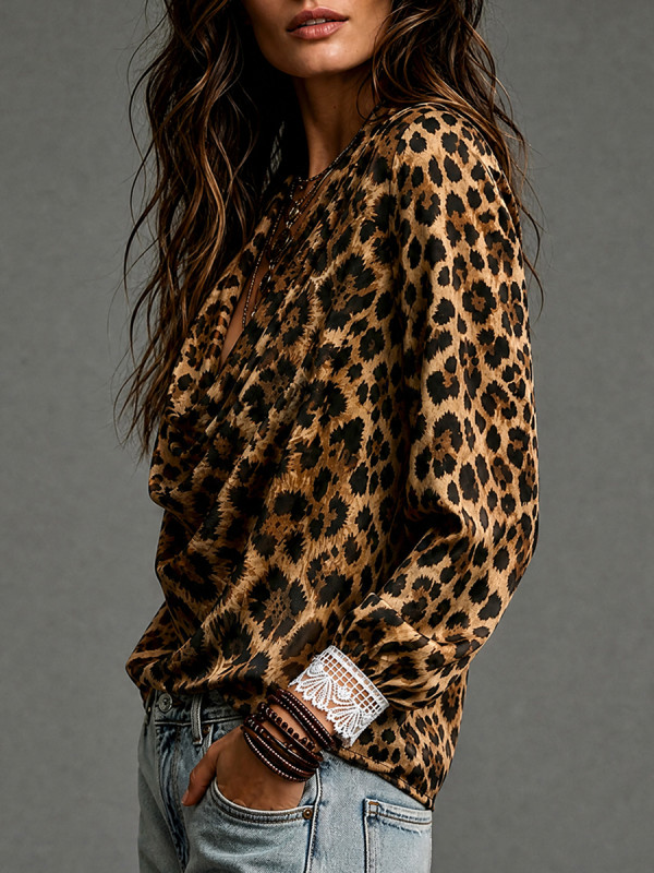 Long Sleeves Loose Leopard Split-Joint Heaps Collar Blouses&shirts Tops