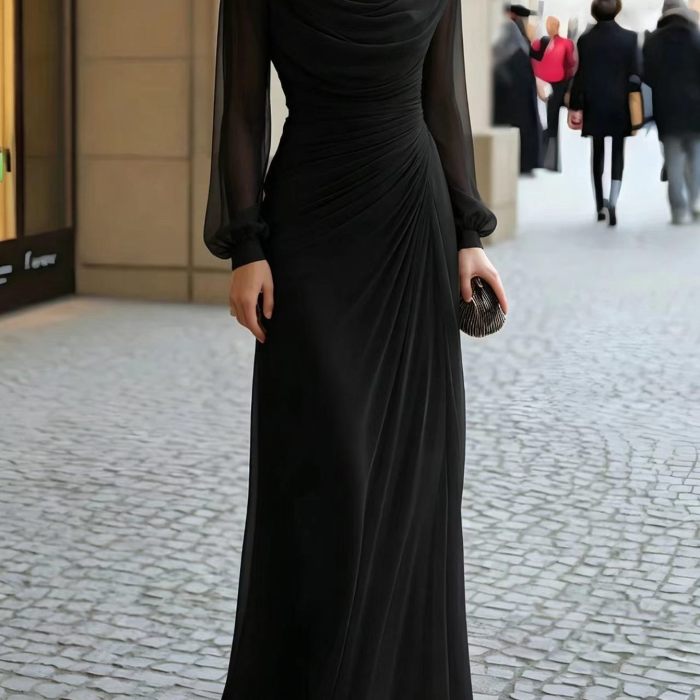 Cowl Neck Chiffon Maxi Gown | Sheer Puff Sleeve Wedding Guest Dress